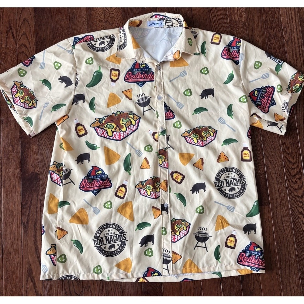 Memphis Redbirds BBQ Nachos Shirt Mens XL Tan Novelty Baseball Button Down